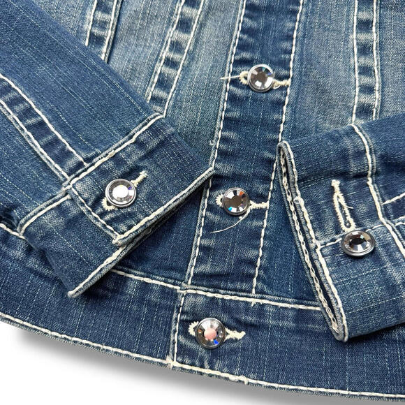 True Religion Women’s Disco Emily Big T Denim Jacket Size S Rainstone Button Y2K - Picture 9 of 13